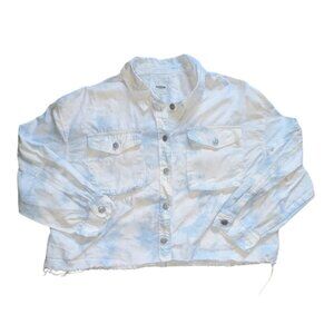 Kensie Jeans Raw Hem Cropped Denim Jacket-Blue/White-XL-GUC